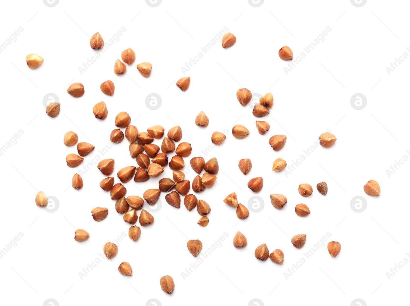 Photo of Buckwheat grains isolated on white, top view. Organic cereal