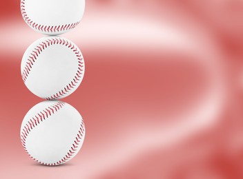 Image of Stack of baseball balls on pale red background. Space for text