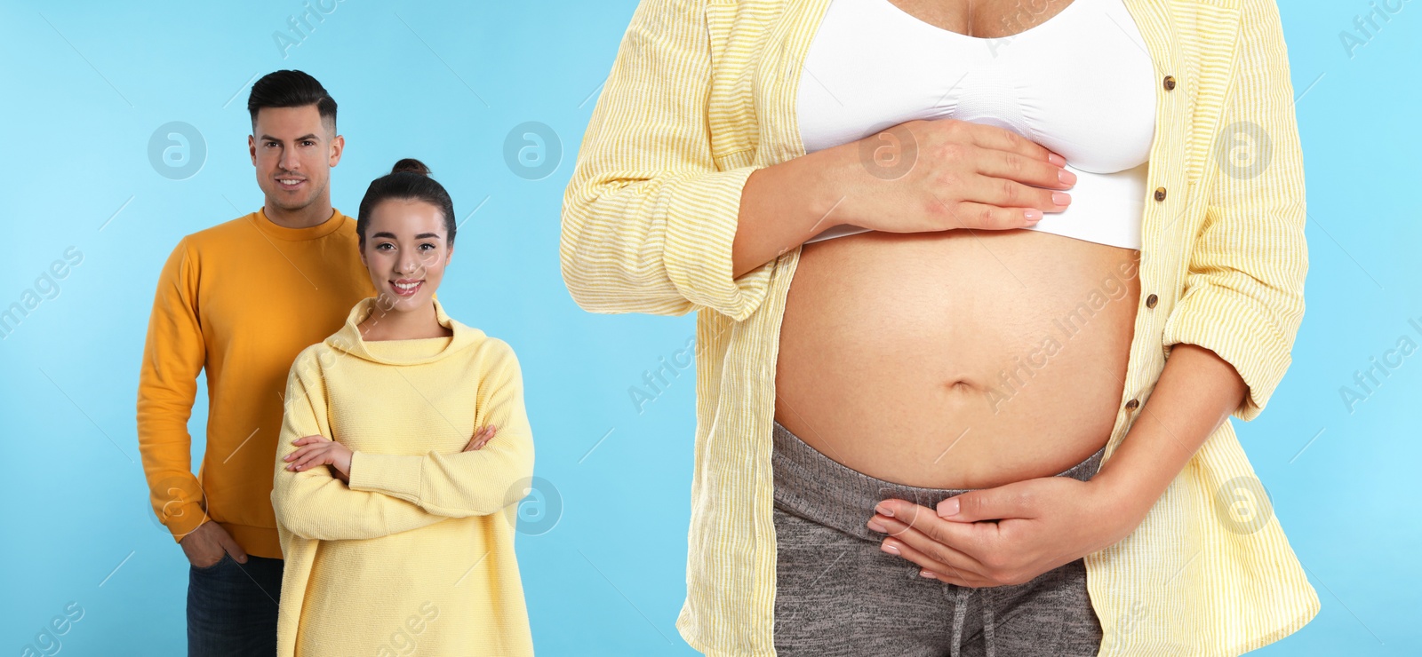 Image of Surrogacy concept. Young pregnant woman and happy couple on turquoise background, banner design