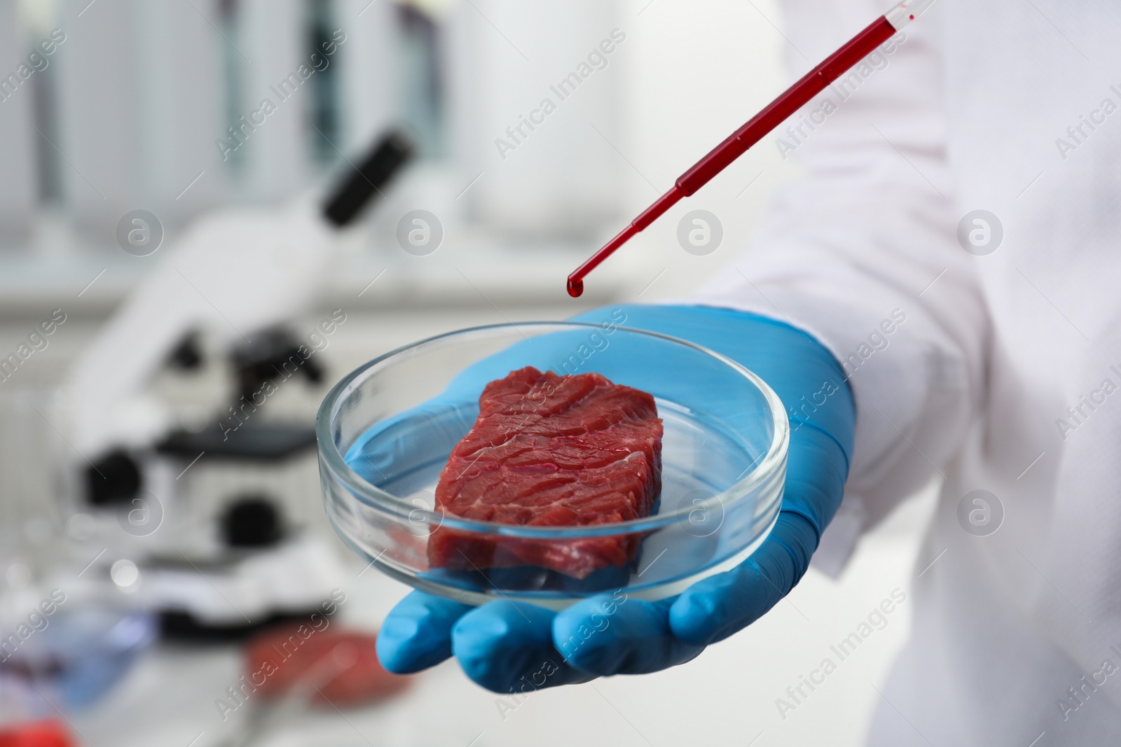 Photo of Scientist dripping red liquid onto cultured meat in laboratory, closeup