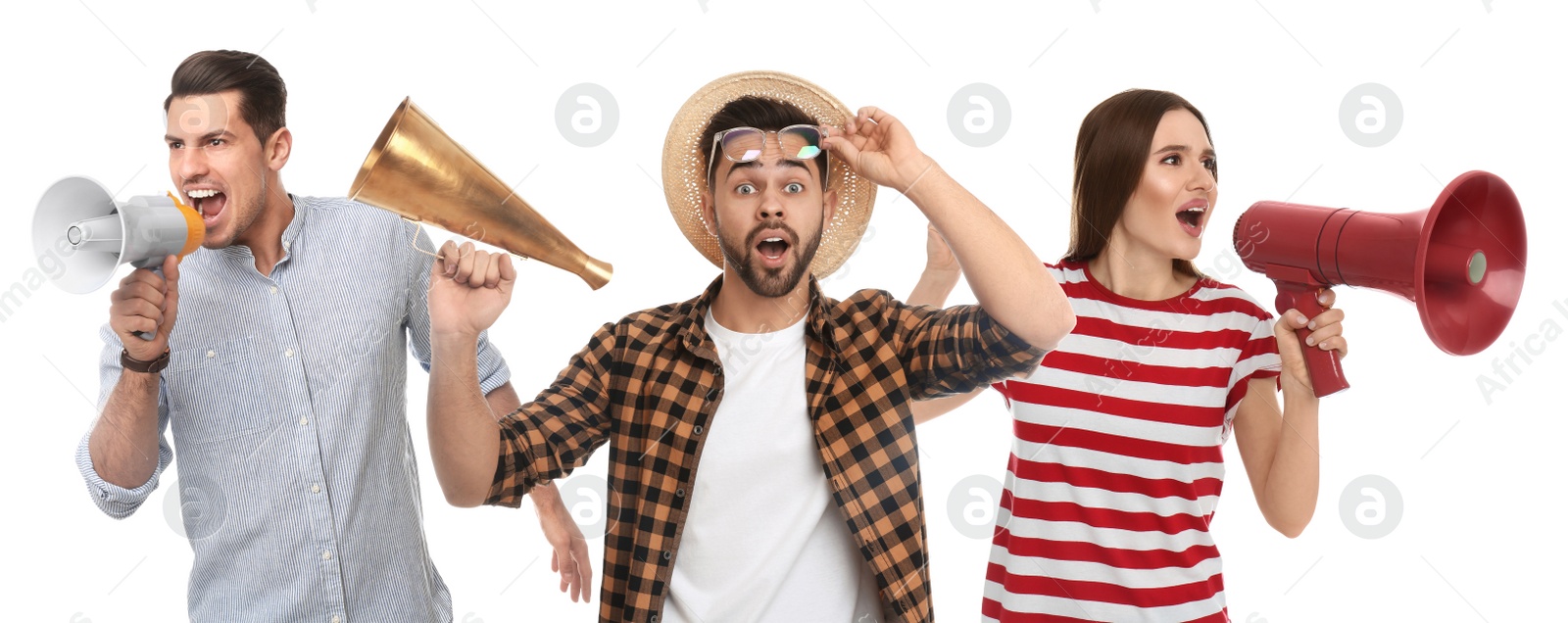 Image of People with megaphones on white background. Banner design