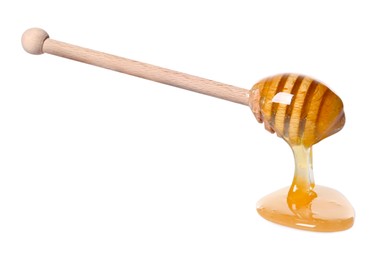 Photo of Natural honey dripping from dipper on white background