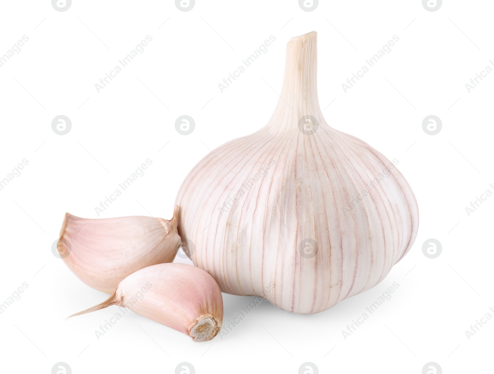 Photo of Head of fresh garlic and cloves isolated on white