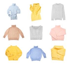Image of Set with cashmere sweaters isolated on white, top view