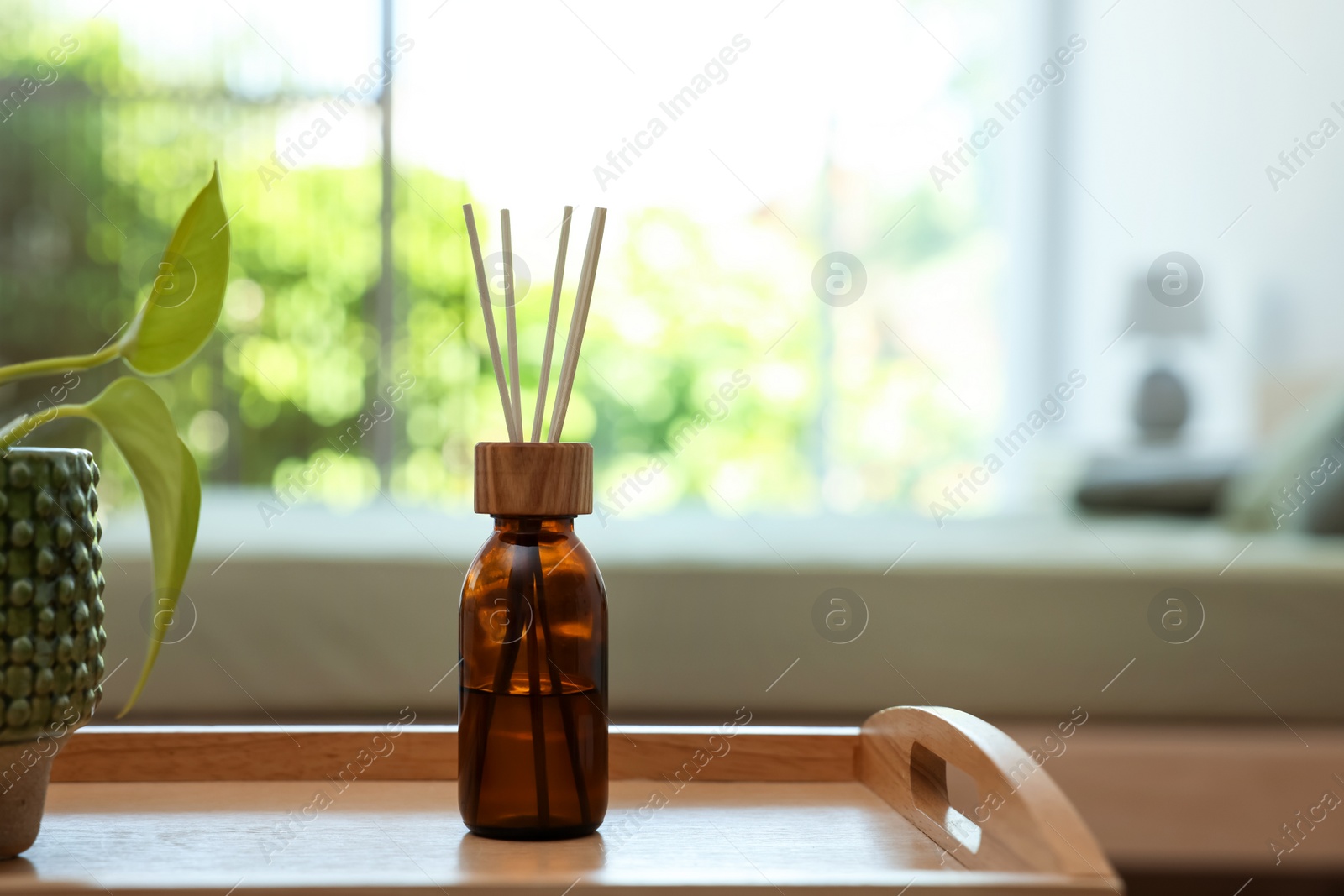 Photo of Aromatic reed air freshener near houseplant on wooden tray indoors. Space for text