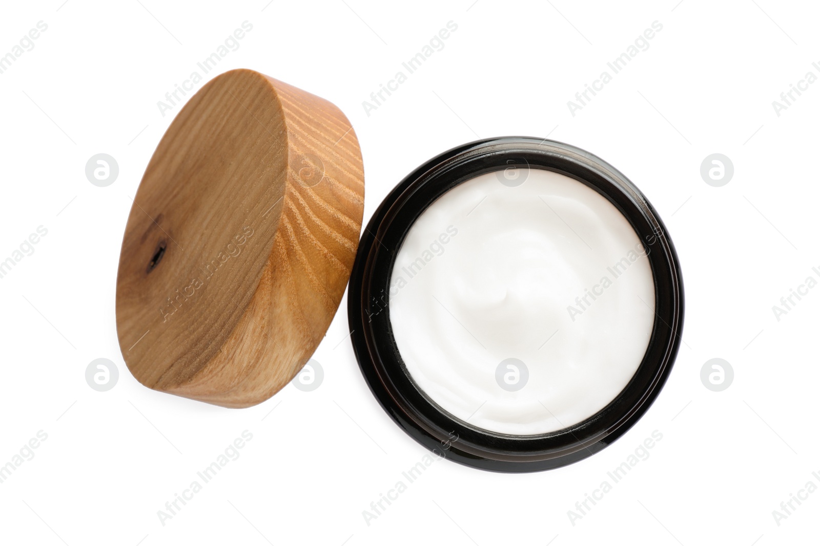 Photo of Jar of hand cream on white background, top view