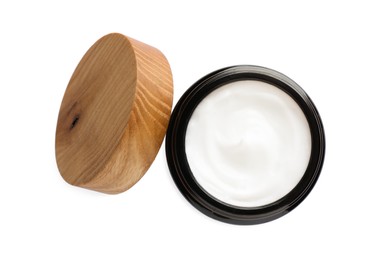 Jar of hand cream on white background, top view