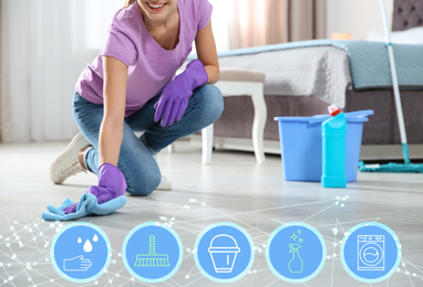 Image of Young chambermaid washing floor in bedroom and different icons, closeup 