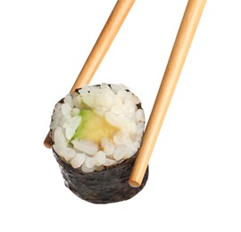 Photo of Chopsticks with tasty fresh sushi roll isolated on white