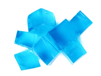 Photo of Heap of blue jelly cubes on white background, top view