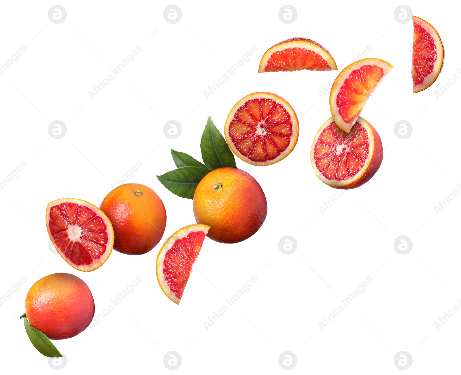 Image of Many tasty Sicilian oranges and green leaves falling on white background