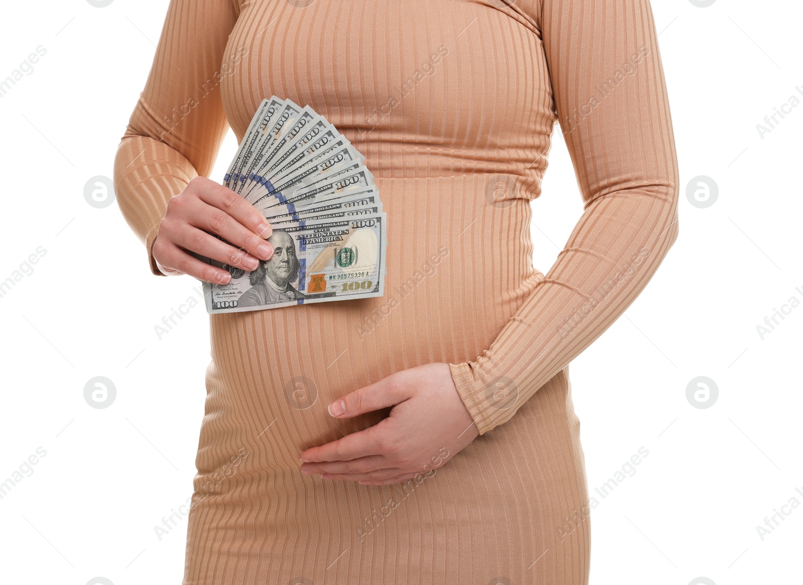 Photo of Surrogate mother. Pregnant woman with dollar banknotes on white background, closeup