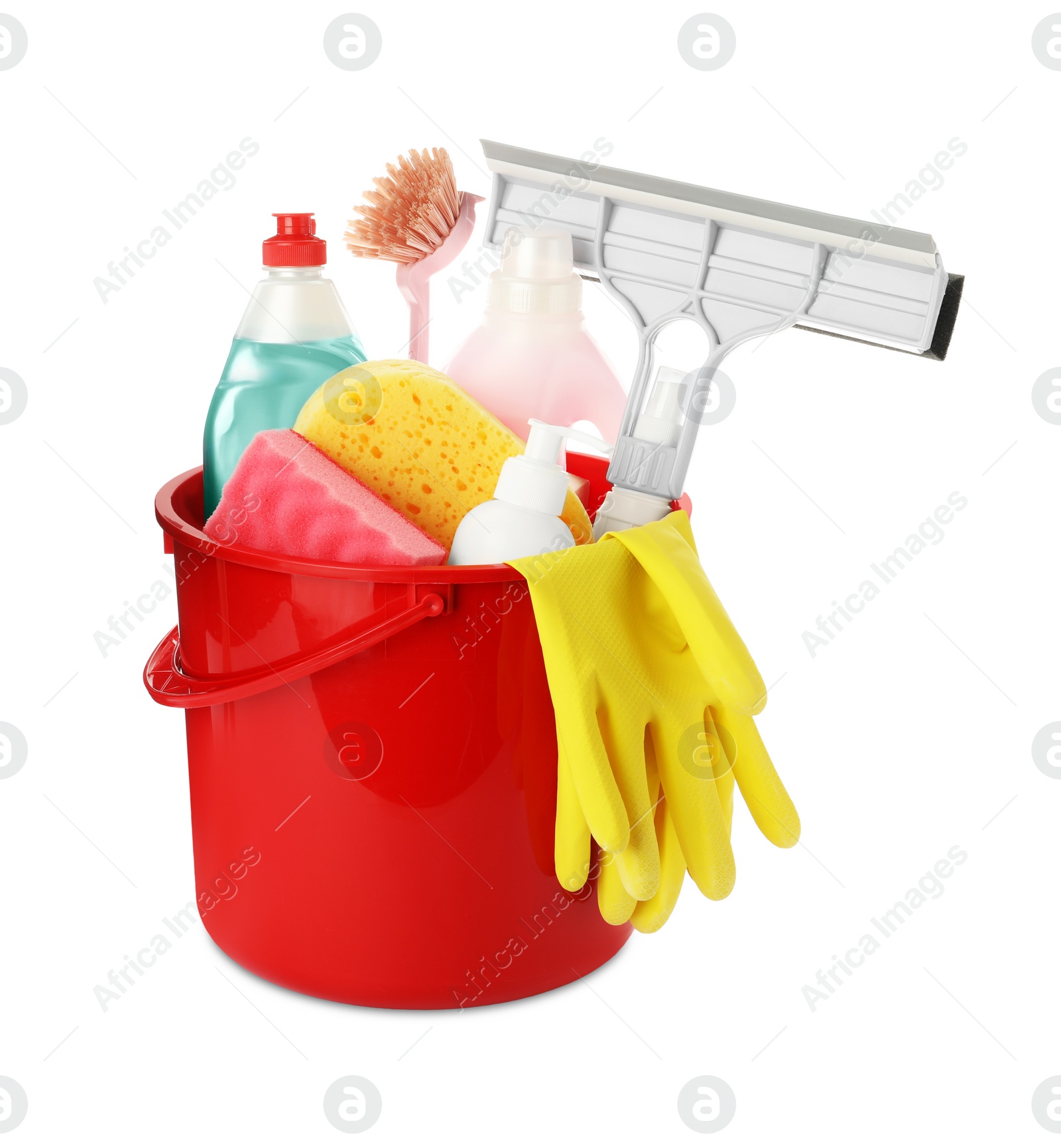 Photo of Red plastic bucket with cleaning supplies and tools isolated on white