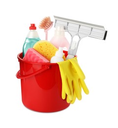 Red plastic bucket with cleaning supplies and tools isolated on white