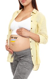 Image of Pregnant woman with Ukrainian flag painted on her belly against white background, closeup. No war