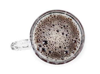 Full mug of beer isolated on white, top view