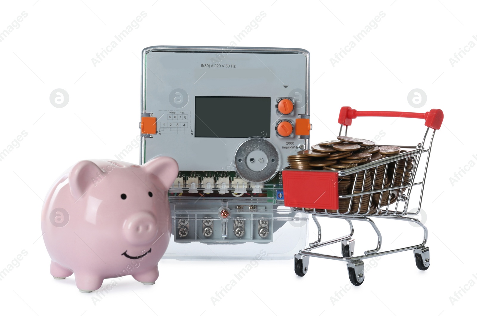 Photo of Electricity meter, pink piggy bank and small shopping cart with coins on white background