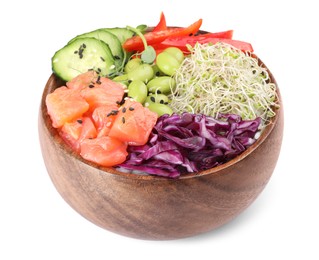 Photo of Delicious poke bowl with vegetables, fish and edamame beans on white background