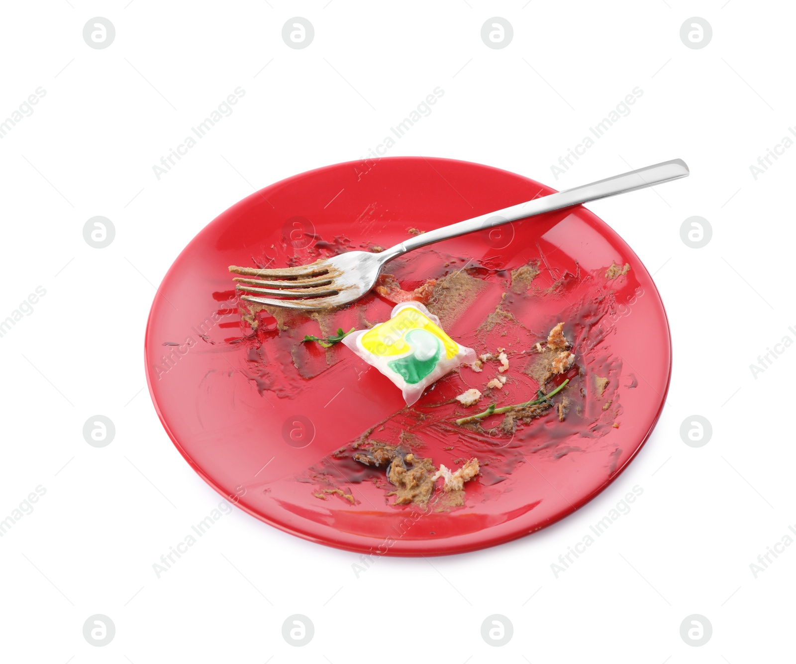 Photo of Dirty plate with dishwasher detergent pod isolated on white