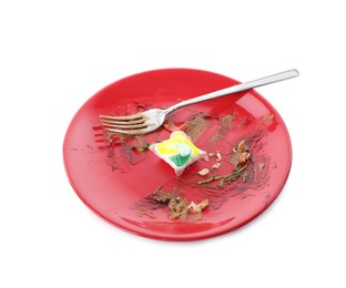 Dirty plate with dishwasher detergent pod isolated on white