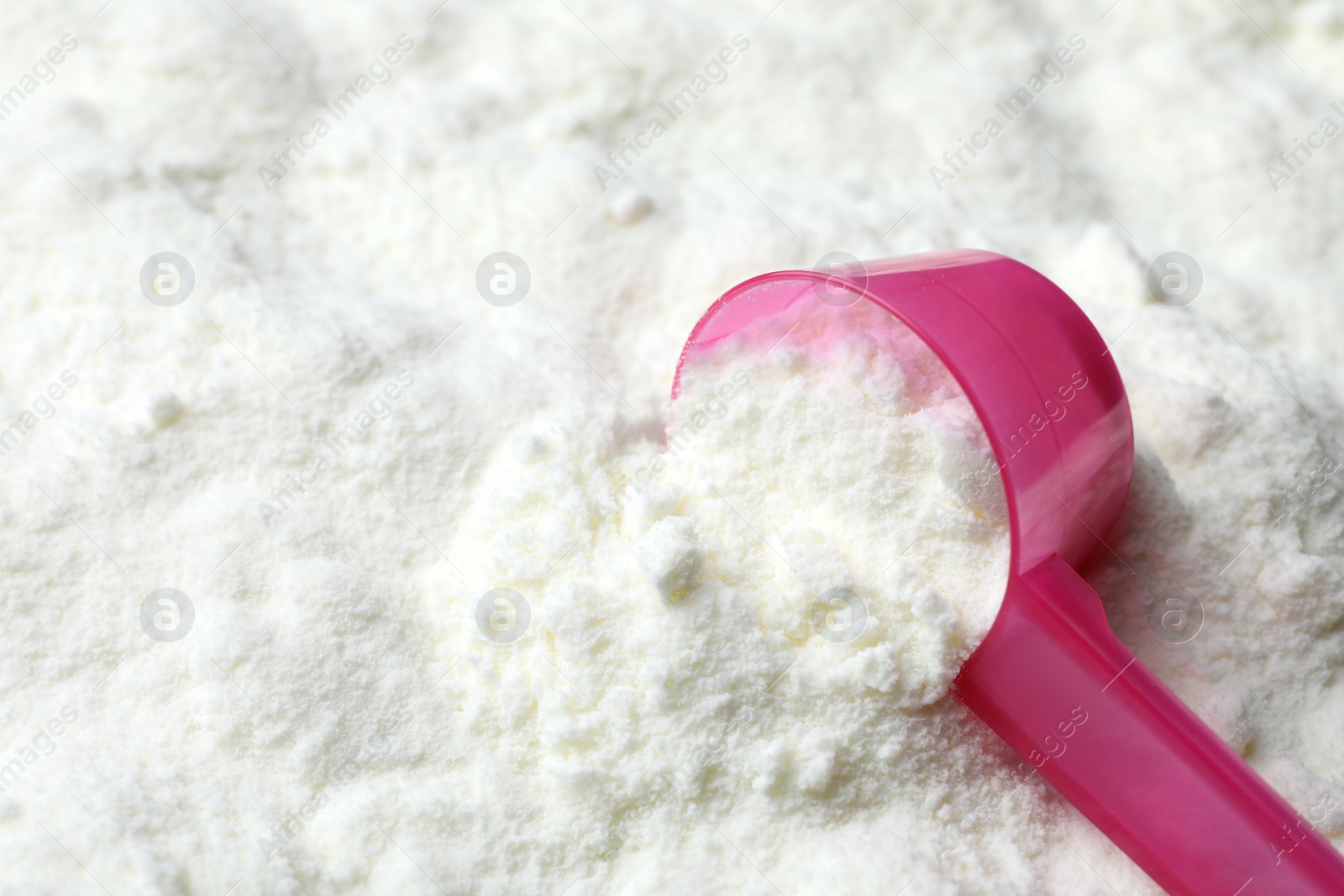 Photo of Powdered infant formula and scoop, closeup with space for text. Baby milk