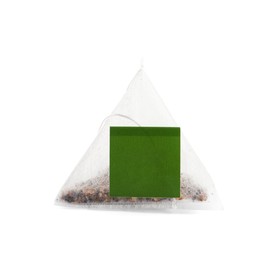 Photo of New pyramid tea bag isolated on white