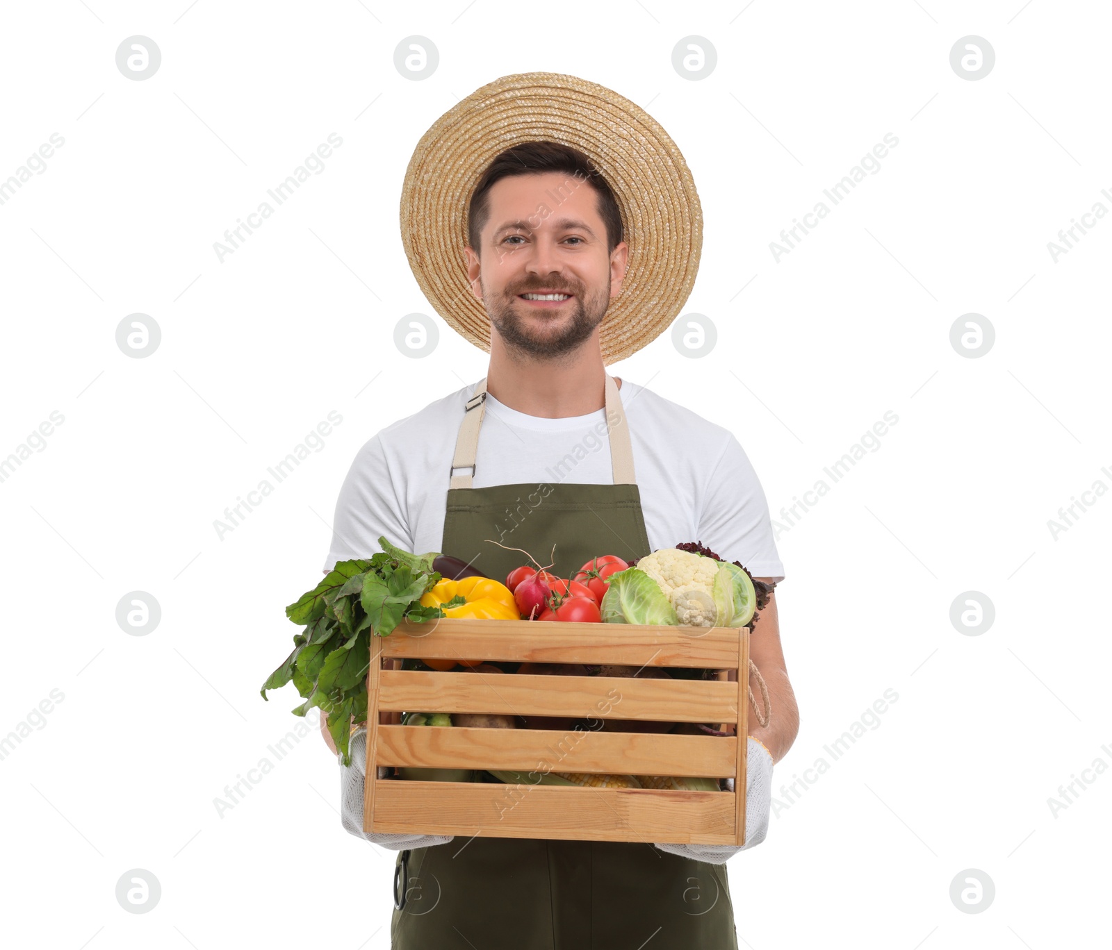 Photo of Harvesting season. Happy farmer holding wooden crate with vegetables on white background