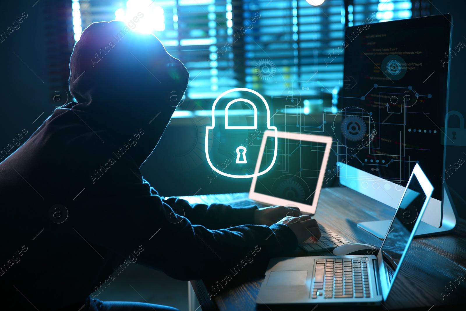 Image of Cyber attack protection. Hacker with computers in room. Lock illustration