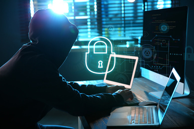 Cyber attack protection. Hacker with computers in room. Lock illustration