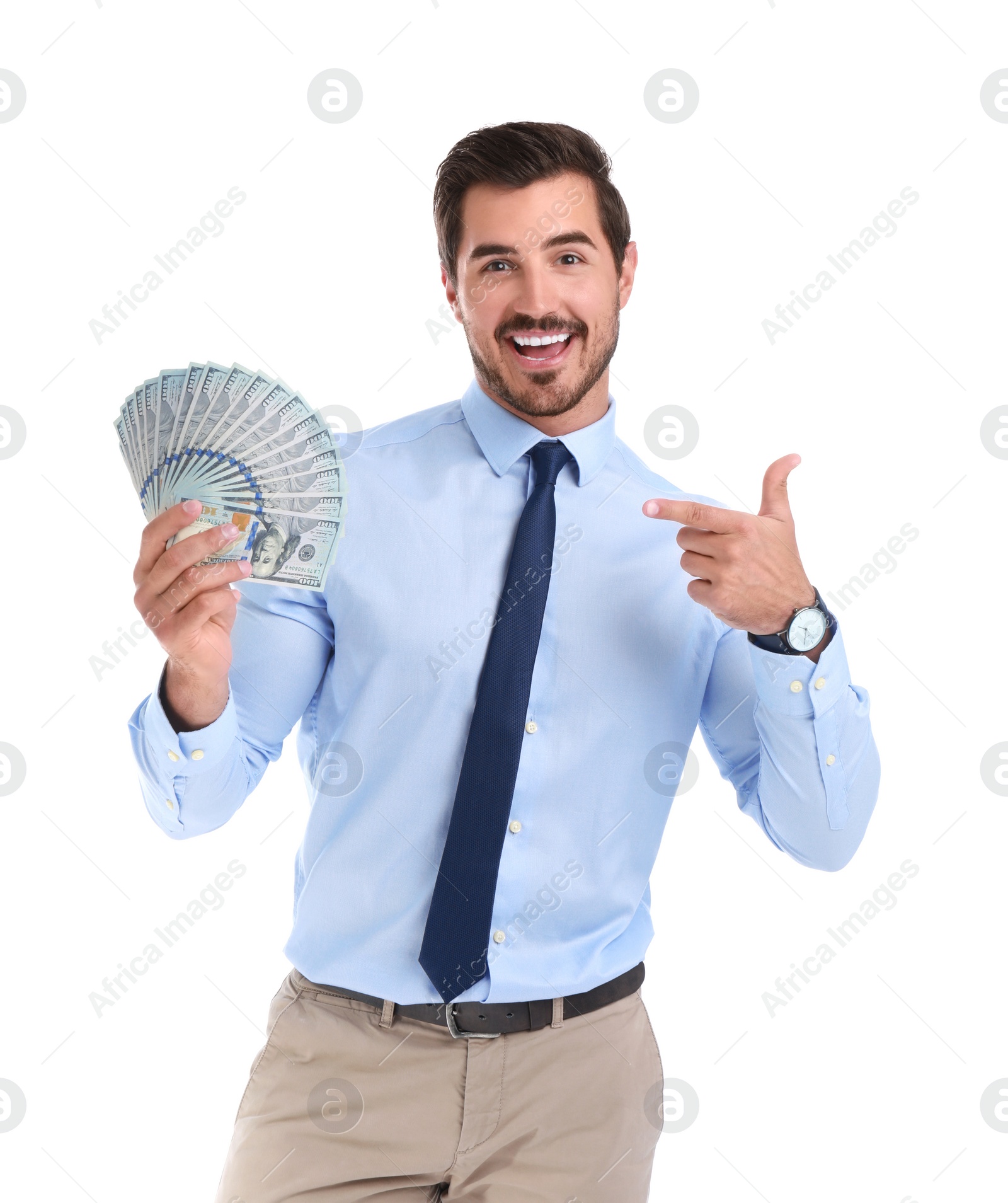 Photo of Handsome businessman with dollars on white background