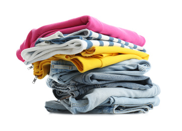 Photo of Stack of folded clothes isolated on white