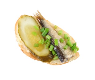 Photo of Delicious sandwich with sprat, pickled cucumber and green onion isolated on white, top view