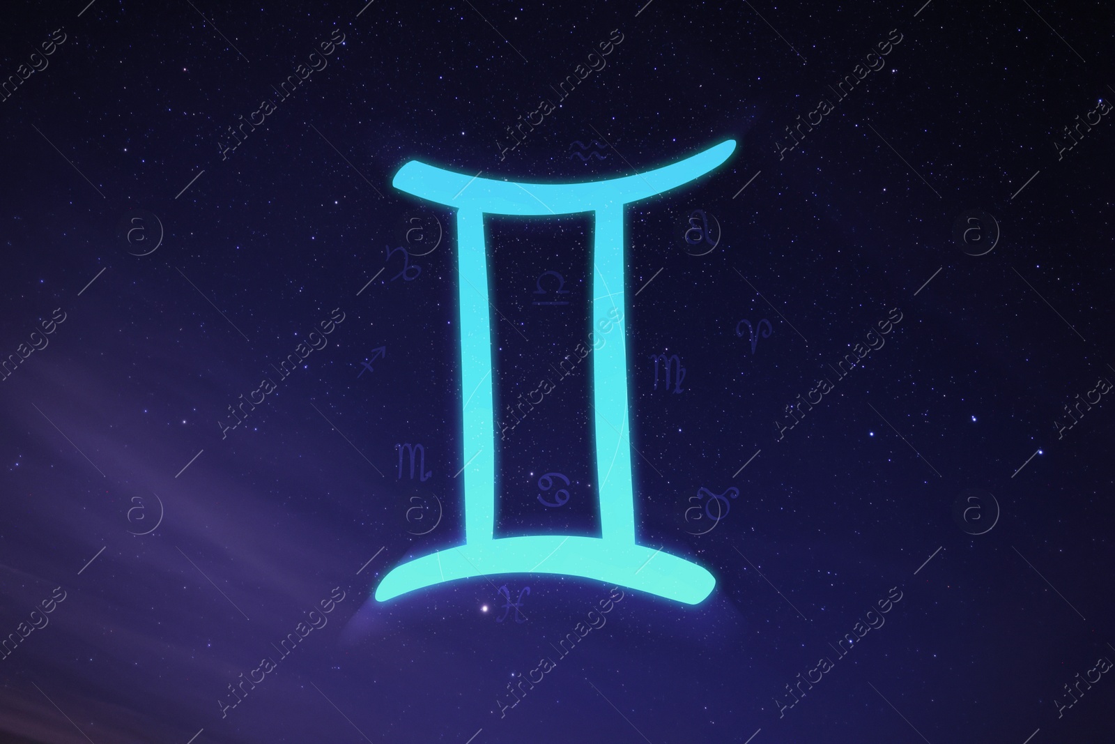 Illustration of Gemini astrological sign in night sky with beautiful sky