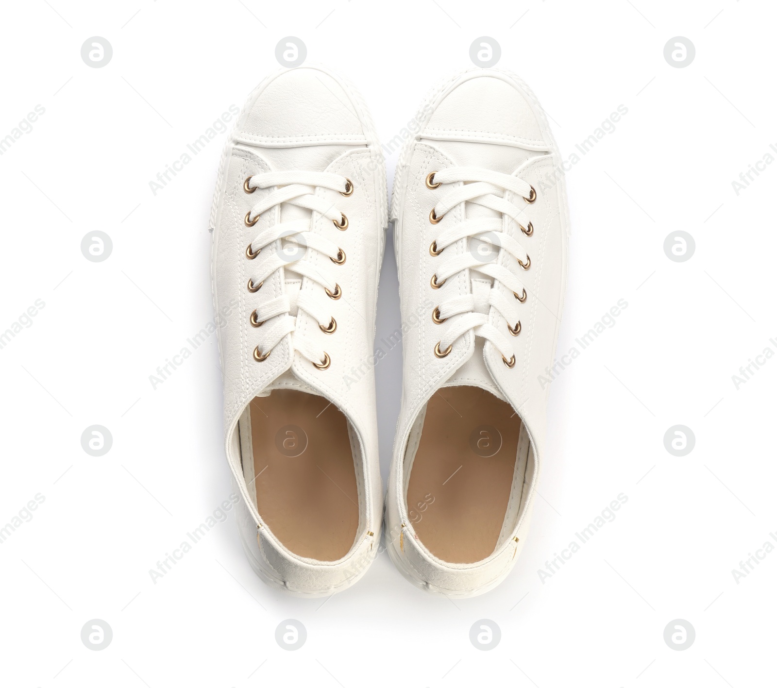 Photo of Pair of stylish sneakers on white background, top view