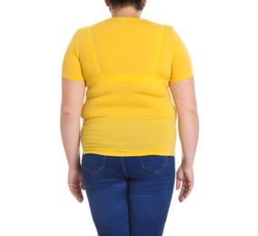 Overweight woman on white background, closeup. Weight loss