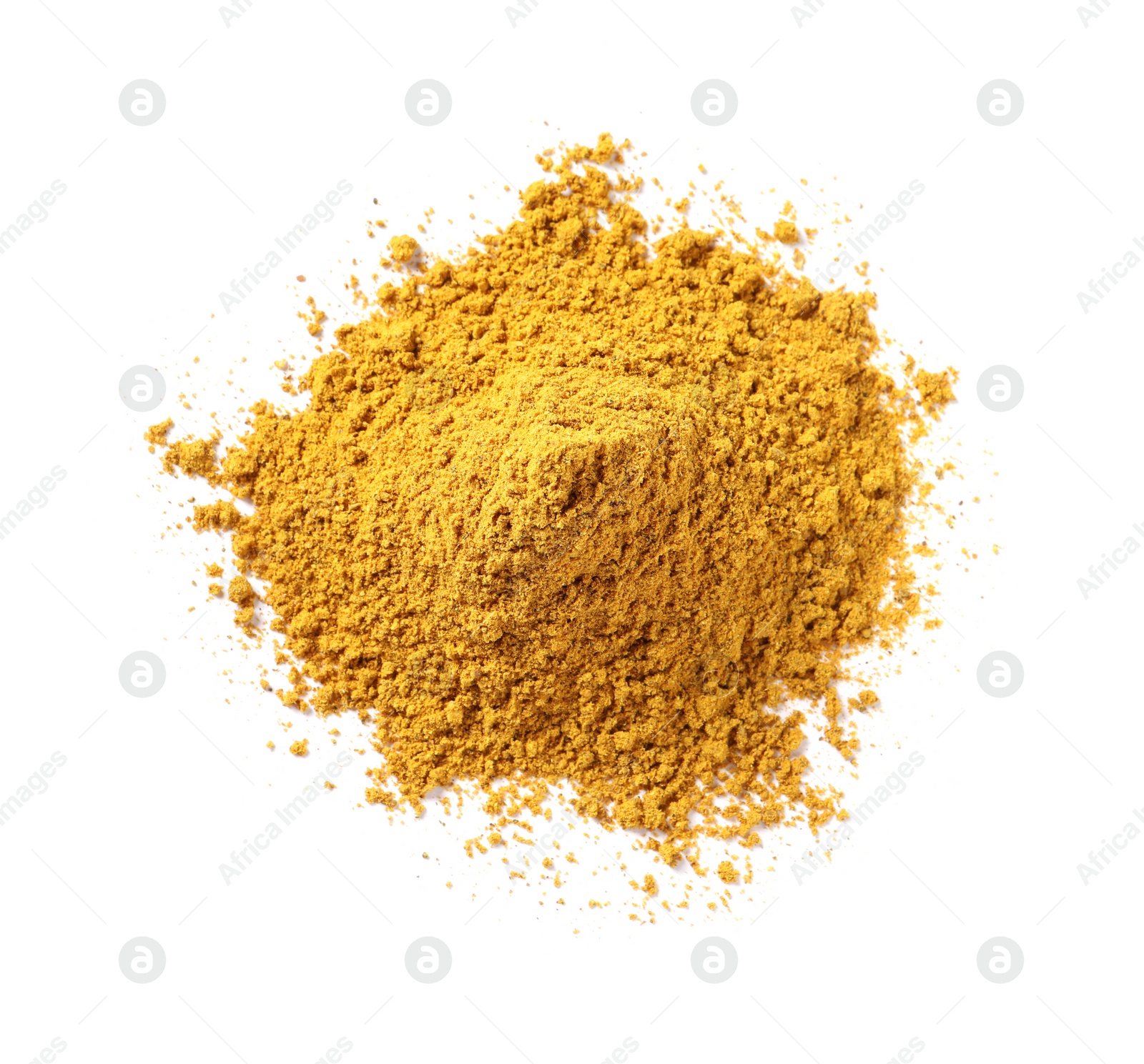 Photo of Pile of dry curry powder isolated on white, top view