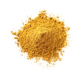 Photo of Pile of dry curry powder isolated on white, top view