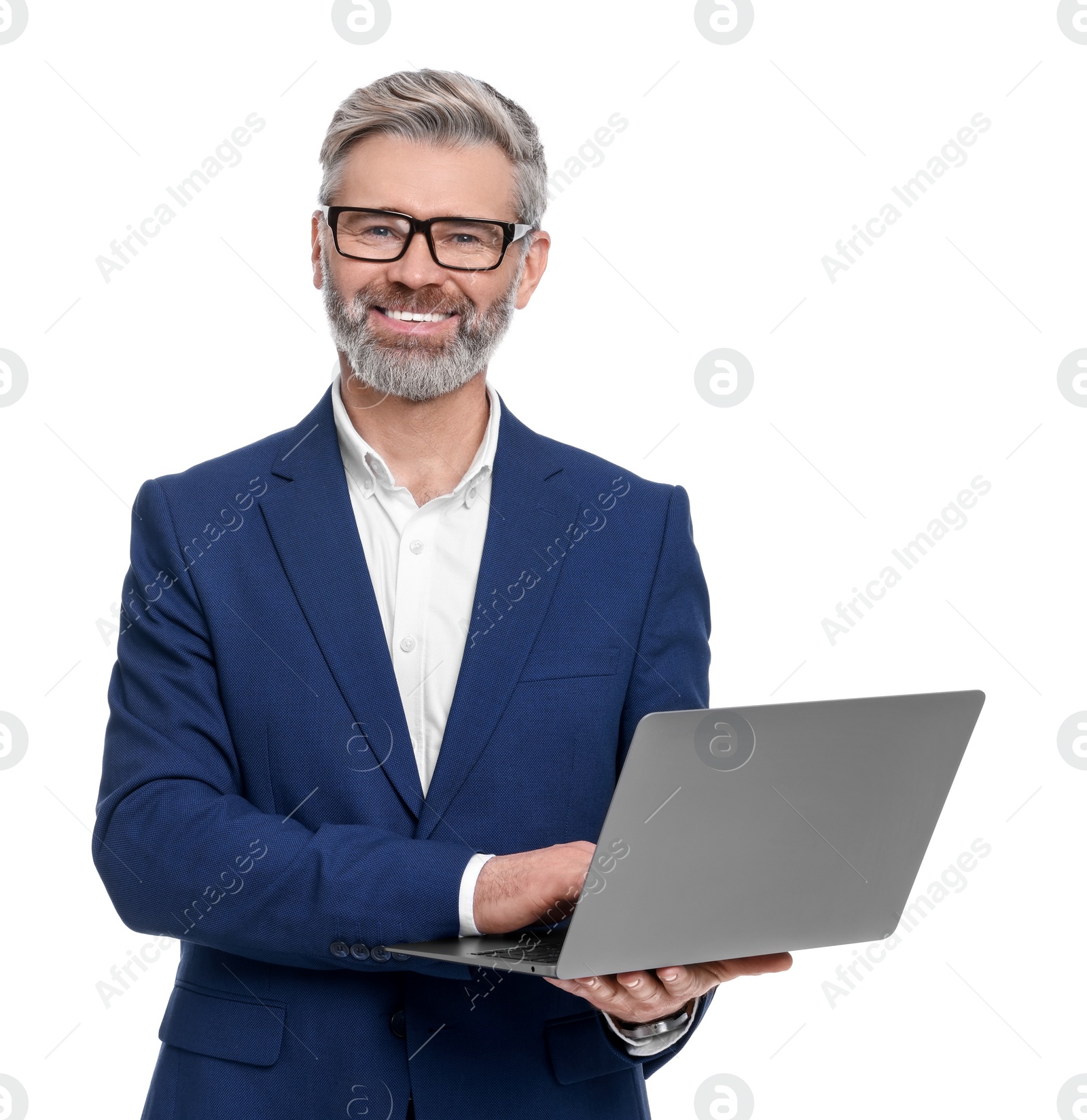 Photo of Mature businessman in stylish clothes with laptop on white background