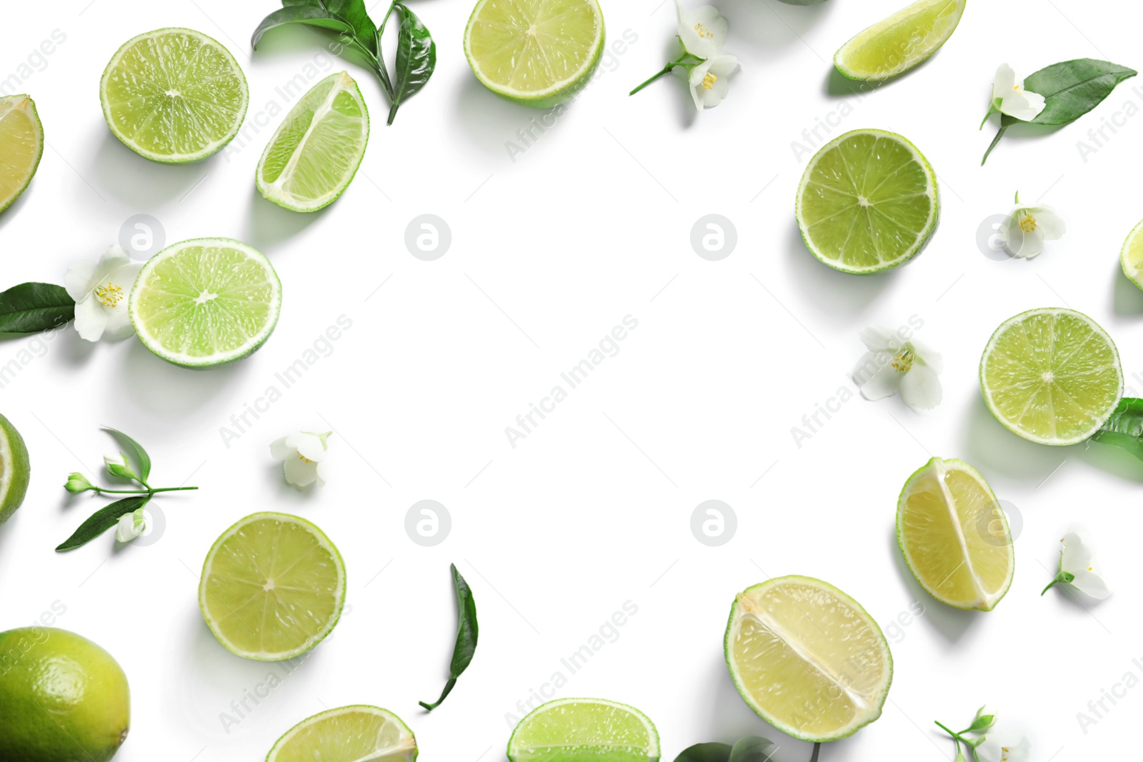 Photo of Frame of fresh ripe limes on white background, top view