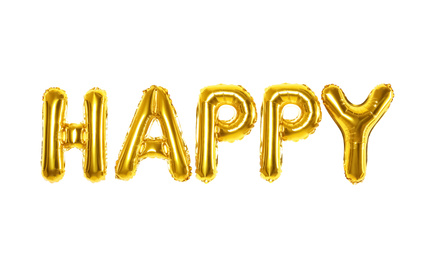 Photo of Word HAPPY made of golden foil balloons letters on white background