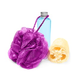 New shower puff, loofah sponge and bottle of cosmetic product on white background