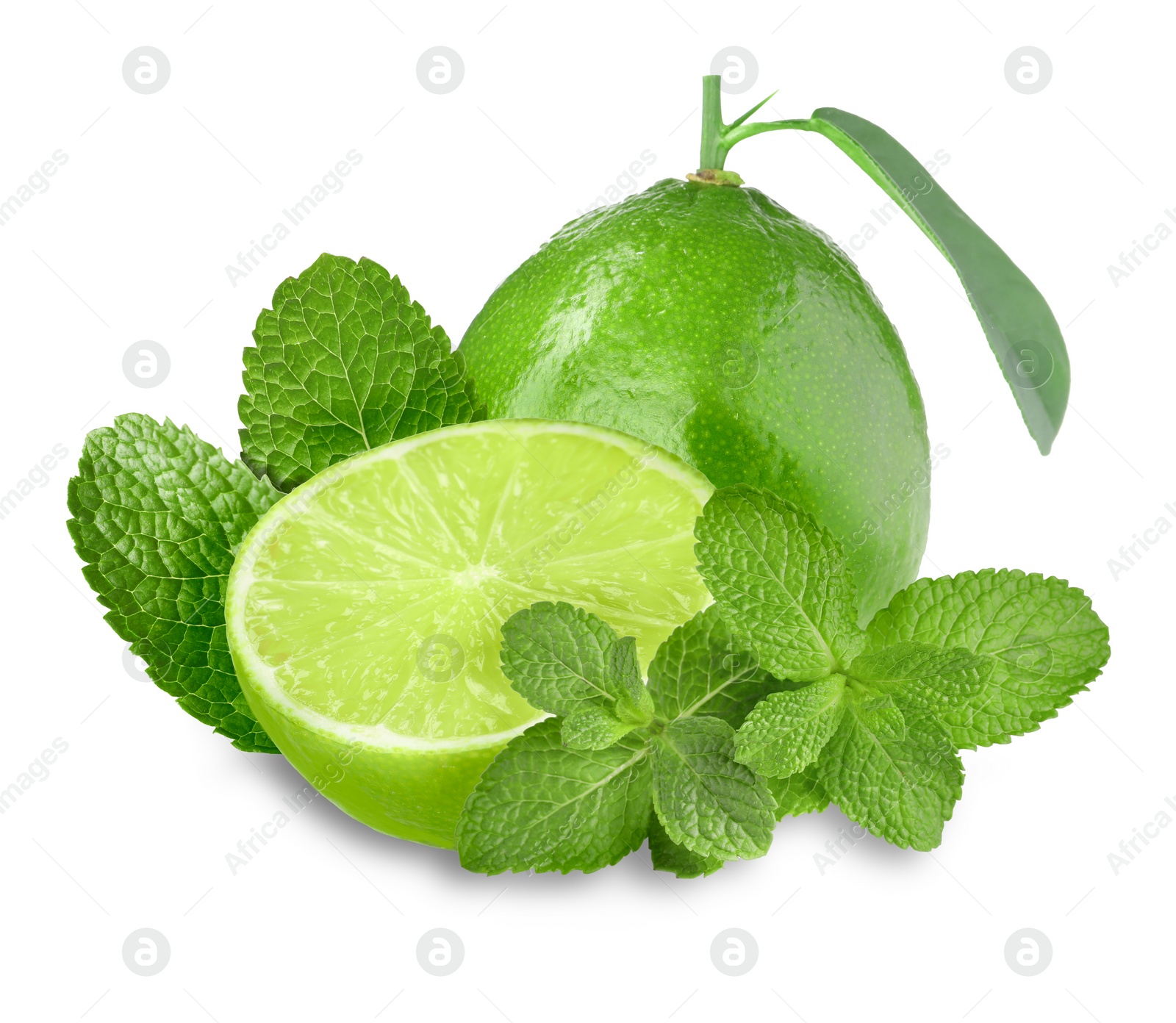 Image of Fresh ripe limes and green mint leaves isolated on white