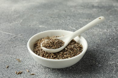 Photo of Bowl of caraway (Persian cumin) seeds and spoon on gray textured table