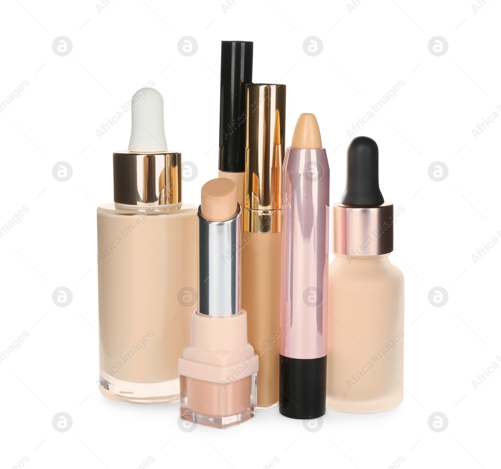 Photo of Foundation makeup products on white background. Decorative cosmetics