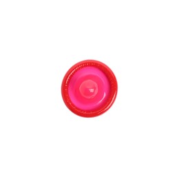 Photo of Unpacked red condom isolated on white, top view. Safe sex