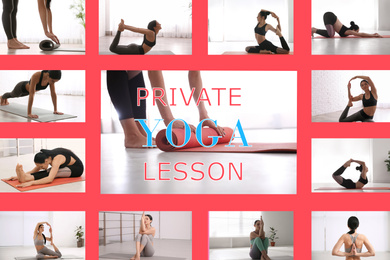 Image of Collage of women practicing different poses and text Private Yoga Classes