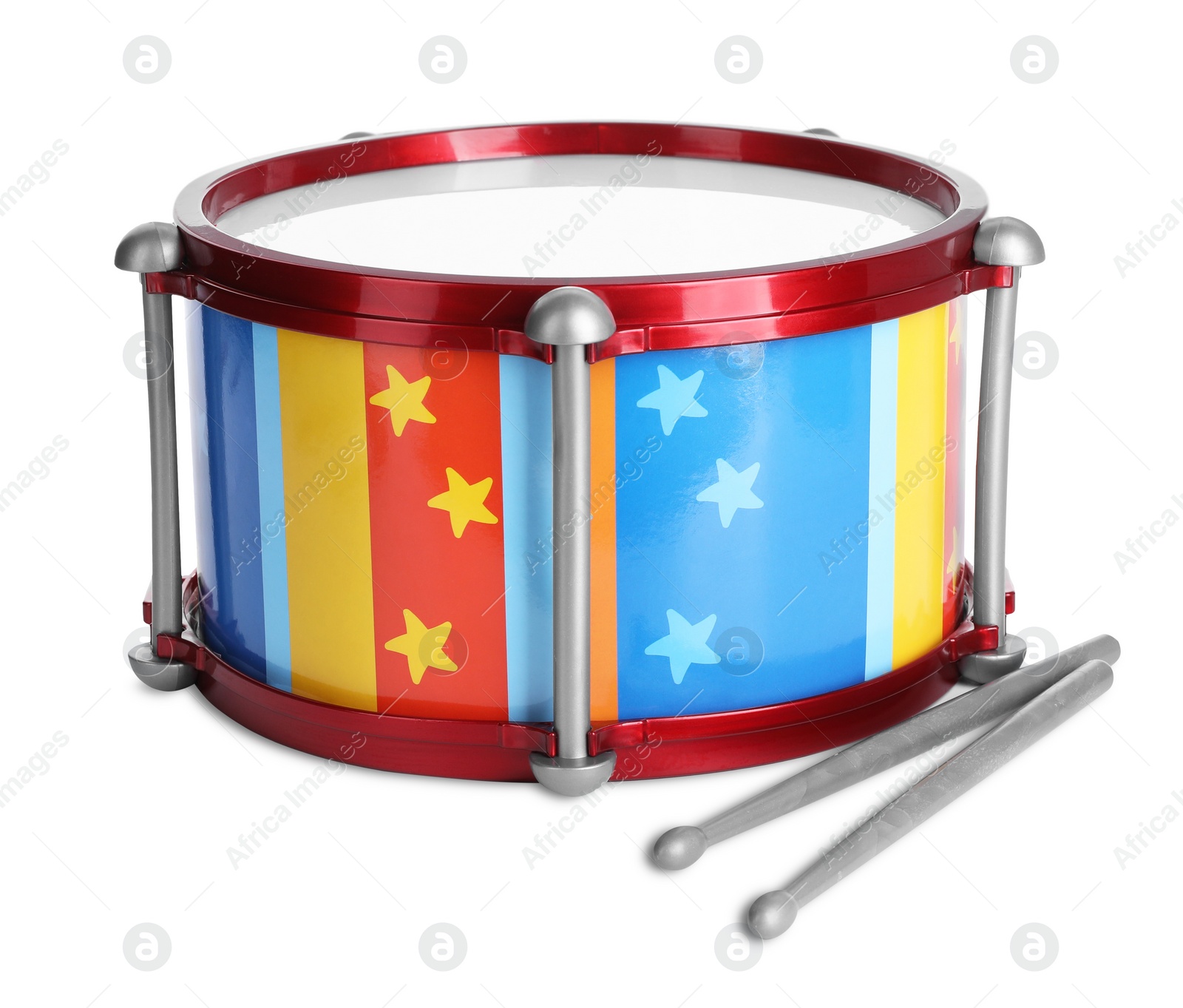 Photo of Bright drum with sticks isolated on white