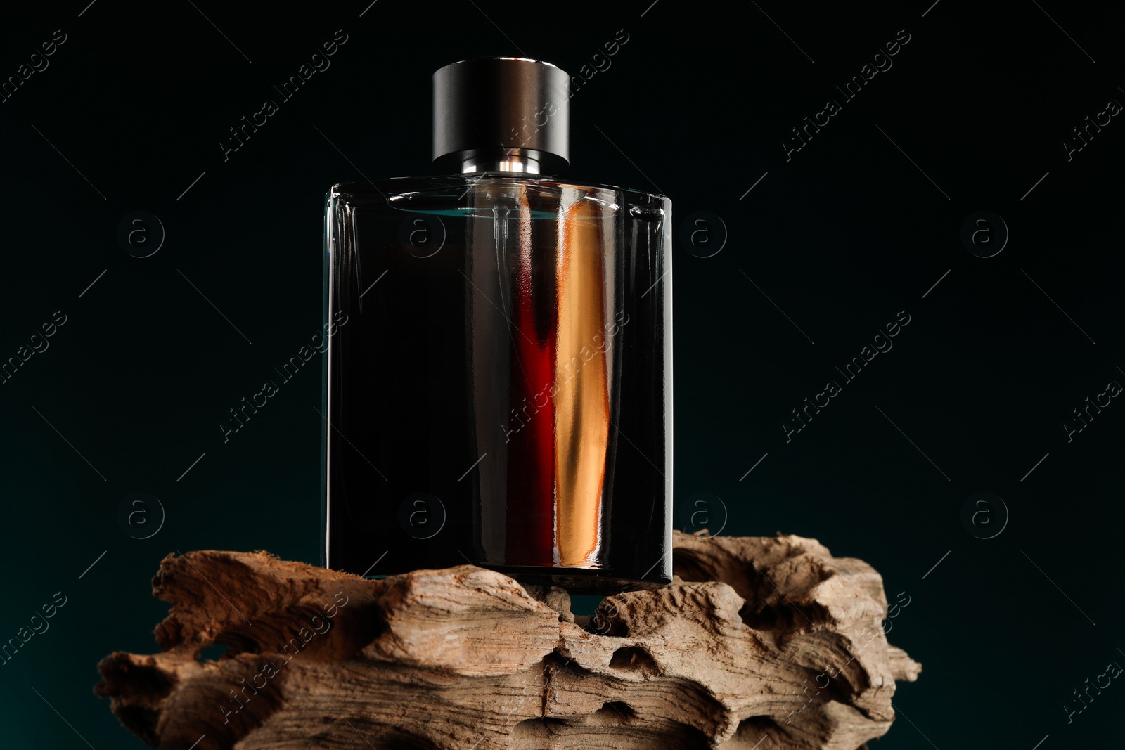 Photo of Luxury men`s perfume in bottle against dark background