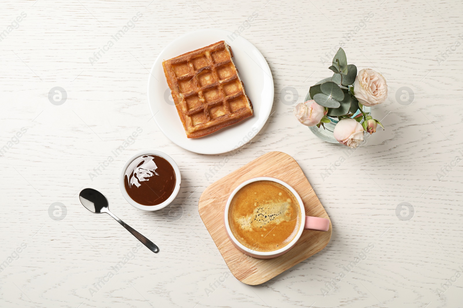 Photo of Flat lay composition with coffee on white wooden table. Tasty breakfast