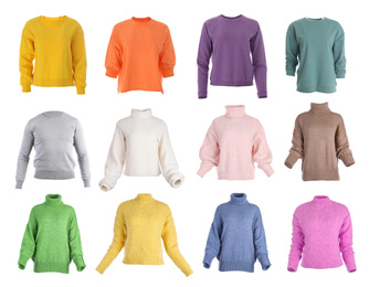 Image of Set of different stylish warm sweaters on white background